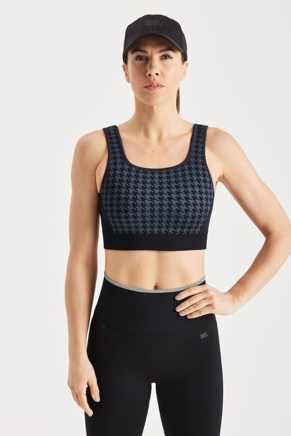 Universal Performance Houndstooth Cropped Bra Front Close Up Seamless Square Neck Cropped Bra Top